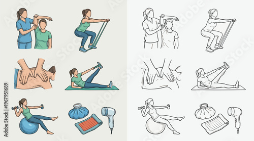 Illustrations depicting various physical therapy exercises and treatments, including resistance band workouts, stretching, massage, and use of therapeutic equipment.