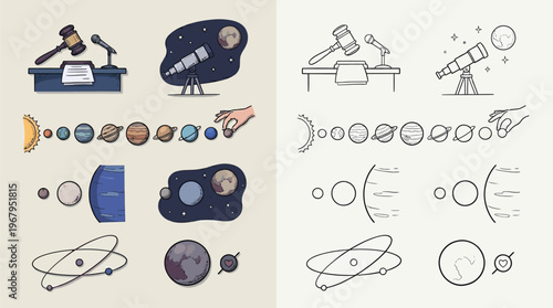 Illustrations depicting astronomical concepts, including the solar system, planets, telescopes, and scientific presentations.