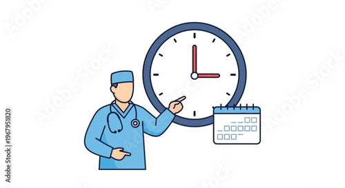 Doctor points to clock, symbolizing medical appointment scheduling and time management in healthcare.