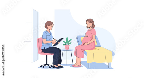 Pregnant woman consulting with healthcare professional in a calm medical setting.