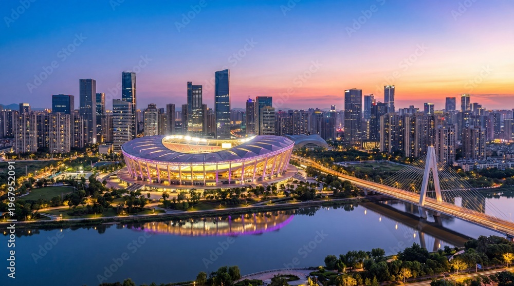 Fototapeta premium Panoramic view of a modern city skyline with a brightly lit stadium, skyscrapers, and a bridge over a river at sunset.