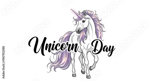 Illustration of a white unicorn with a purple mane and horn, celebrating National Unicorn Day with whimsical design elements and colorful fantasy theme.