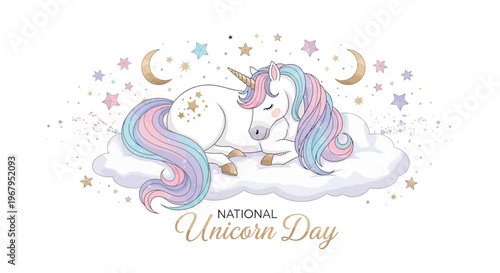 A whimsical illustration of a sleeping unicorn on a cloud with pastel colors, stars, and moons, celebrating National Unicorn Day in a dreamy fantasy world.