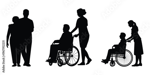 Silhouette set of caregiver assisting elderly and wheelchair users isolated on transparent background.