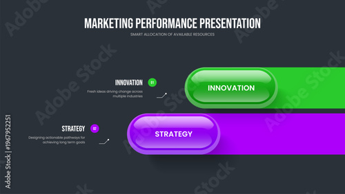 Product Portfolio Two Option Infographic Frame Template. Enterprise Showcase 2 Step Diagram Presentation Design. Consulting Introduction Slide Layout Vector Illustration.