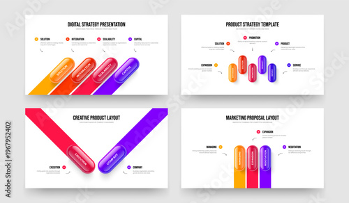 Company Briefing Four Five Two Three Element Infographic Slideshow Layout Vector Illustration Set. Digital Strategy 4 5 2 3 Option Diagram Slide Design Collection.