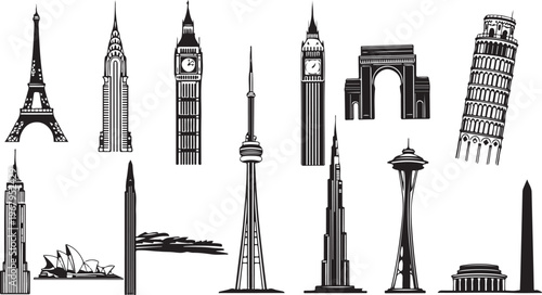 Famous landmarks and monuments from around the world in black and white