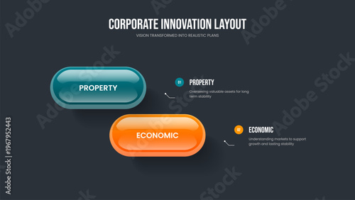 Sales Innovation 2 Element Diagram Slideshow Design. Project Overview Two Option Infographic Presentation Layout. Financial Growth Frame Template Vector Illustration.