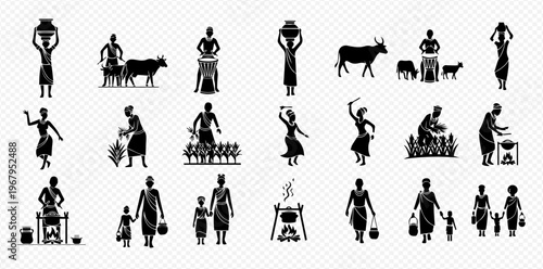 African Village Life Silhouettes: Daily Activities and Traditions.
