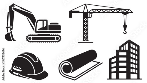 Construction Icons Set Featuring Excavator Crane Hard Hat and Architecture Blueprint Symbols