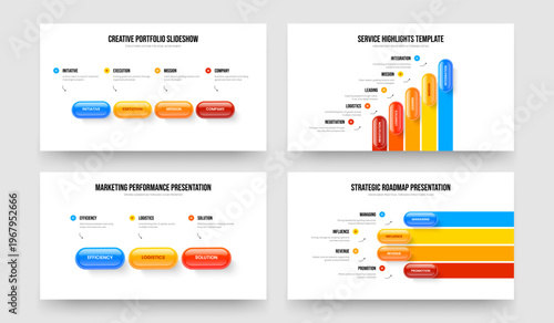 Investor Review Four Five Three Step Infographic Slideshow Design Vector Illustration Set. Digital Report 4 5 3 Option Diagram Slide Template Bundle.