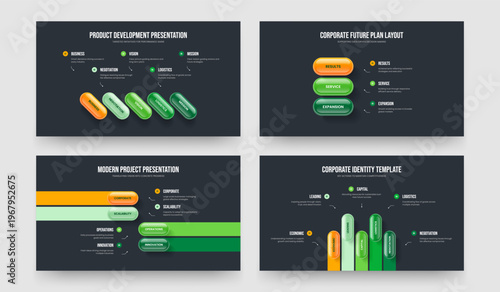 Corporate Launch Five Three Four Option Diagram Slideshow Design Vector Illustration Set. Advertising Portfolio 5 3 4 Element Infographic Frame Template Collection.