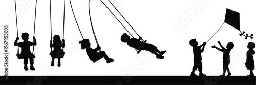Silhouettes of children playing on swings and flying kite, joyful childhood activity, outdoor fun, kids leisure time, isolated on white background