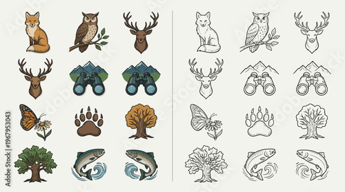 Collection of stylized illustrations depicting various elements of nature, including animals, flora, and outdoor gear.