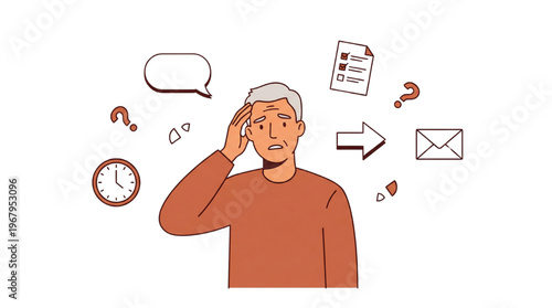 Dementia Cognitive Overload Senior Man Vector Illustration Surrounded by Scattered Daily Task Icons Symbolizing Alzheimer Mental Overwhelm Information Confusion and Memory Disorder Awareness
