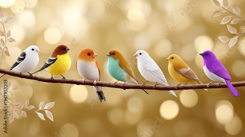 Seven colorful birds sit side by side on a branch against a soft, golden bokeh background with decorative leaves framing the scene.