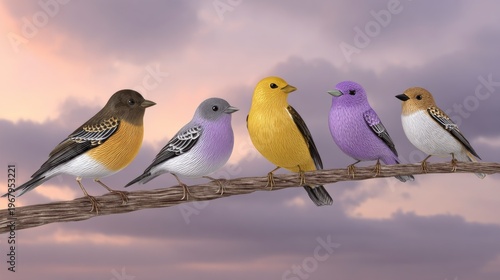 Five colorful birds perched on a branch against a soft, pastel sky at sunset.