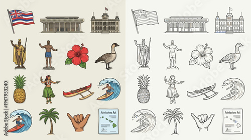 Collection of Hawaiian cultural symbols and landmarks, including the Hawaiian flag, government buildings, traditional figures, flora, fauna, and activities.