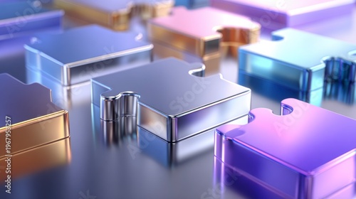 Shiny metallic puzzle pieces in various colors, reflecting light on a smooth surface in a close-up perspective.