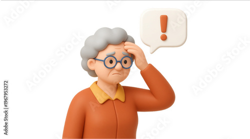 Dementia and Memory Loss Concept — Confused Senior Elderly Woman with Thought Bubble, Alzheimer's Disease Awareness Flat Vector Illustration for Healthcare and Mental Health
