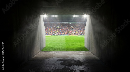 View from a dark tunnel onto a brightly lit soccer field with spectators in the stands.