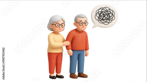 Dementia Elderly Couple Vector Illustration Showing Confused Senior Man with Tangled Thought Bubble and Caring Partner Representing Alzheimer Cognitive Disorder and Memory Loss Awareness
