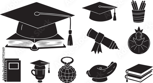 Graduation icons and symbols for education and learning materials