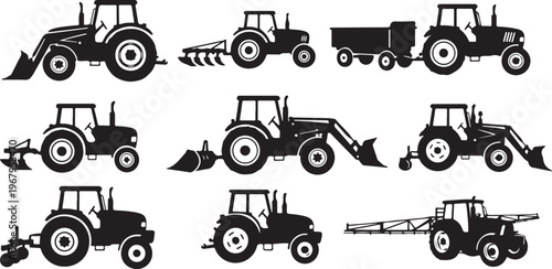 Tractor Silhouettes in Various Configurations and Attachments for Construction and Agriculture