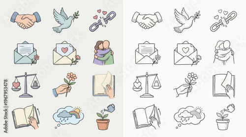 A collection of icons representing peace, love, and positive social values, presented in both color and outline versions.