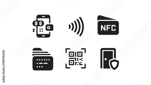 Mobile Payment Icons for Contactless NFC, QR Code, and Secure Digital Wallet Transactions