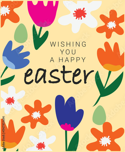 Modern minimalist Happy Easter templates including greeting card, poster, and holiday cover with spring flowers, pastel tones, hand drawn eggs, and bunny illustrations