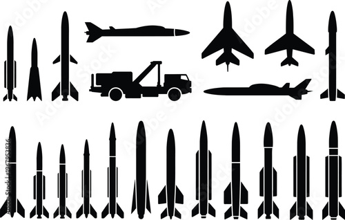 Missile icons silhouette set, black vector symbols of rocket launchers cruise missiles and military weapons for defense technology aerospace and tactical systems design.