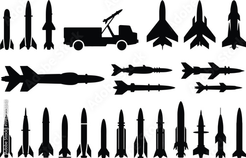 Missile icons silhouette set, black vector symbols of rocket launchers cruise missiles and military weapons for defense technology aerospace and tactical systems design.