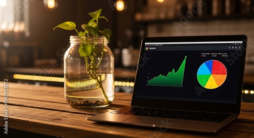 Laptop with business graphs, plant in jar on wooden desk, office workspace with blurred background