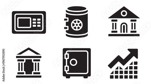 Banking and Finance Icon Collection Featuring Vault, Growth Chart, and Secure Investment Symbols