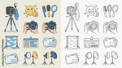 Collection of photography and studio equipment icons, presented in both color and outline versions, illustrating various aspects of photo shoots.