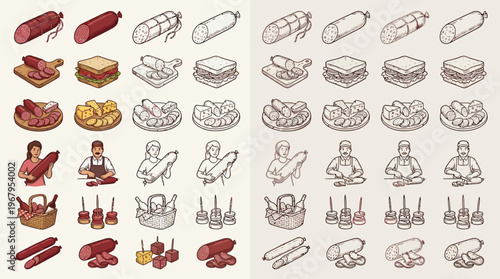 A comprehensive collection of isometric illustrations depicting various types of sausages, sandwiches, meat products, and butcher figures, presented in both color and outline styles.