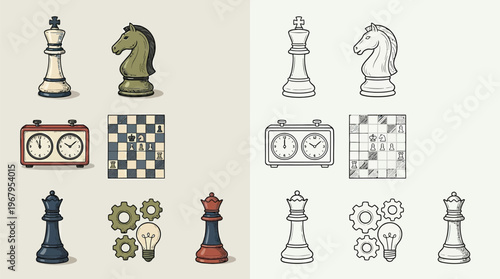 Collection of chess pieces, a chess clock, a chessboard, gears, and a lightbulb, presented in both color and grayscale.