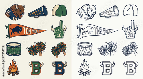 Collection of Buffalo-themed sports fan accessories and symbols, including a buffalo head, megaphone, pennant, foam finger, drum, pom-poms, campfire, and letter 'B'.