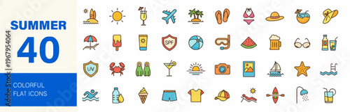 Summer icons set with colorful flat design vector illustration