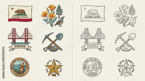Fotografie Collection of California-themed illustrations featuring state symbols like the flag, Golden Gate Bridge, and native flora and fauna