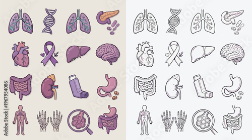Collection of human organ icons and medical symbols, presented in both color and outline styles, representing health and disease awareness.