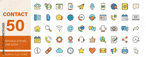 collection of 50 colorful communication and technology icons vector illustration