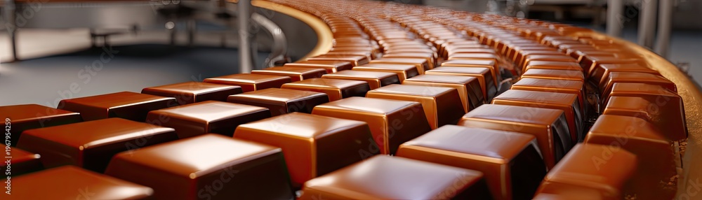 Fototapeta premium Rows of shiny copper bars arranged neatly on a curved conveyor belt in an industrial setting.