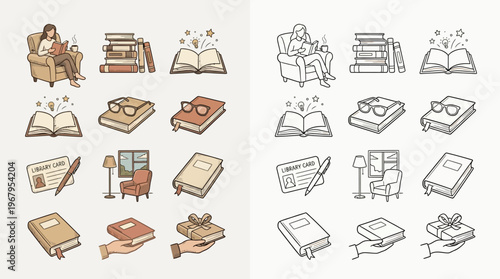 Collection of hand-drawn illustrations depicting various book-related activities and objects, including reading, stacks of books, and gift-wrapped books.
