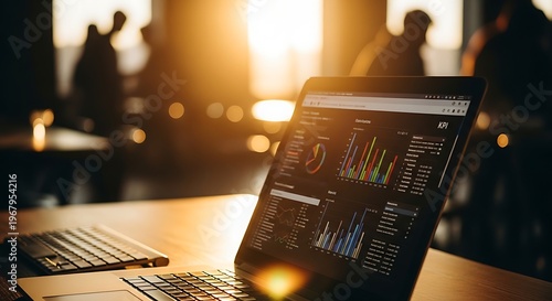 Business data analysis on laptop, financial charts and graphs, office workspace, modern technology