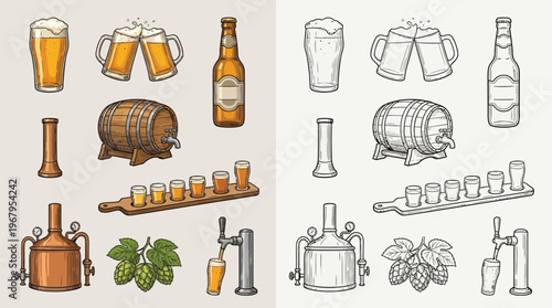 A collection of beer-related icons including glasses, mugs, bottles, a barrel, tasting flights, hops, and brewing equipment, presented in both color and monochrome.