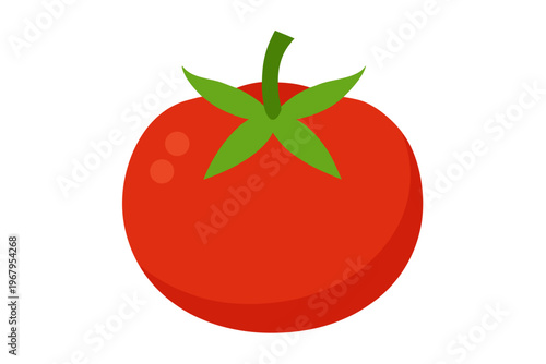 A vibrant red tomato icon with green leaves on a white background