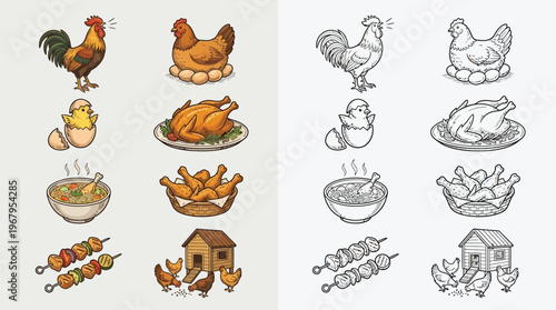 A collection of colorful and black and white illustrations depicting various chicken-related items and scenes.