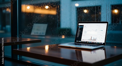 Laptop on wooden table, rainy night, blurred city background, technology workspace